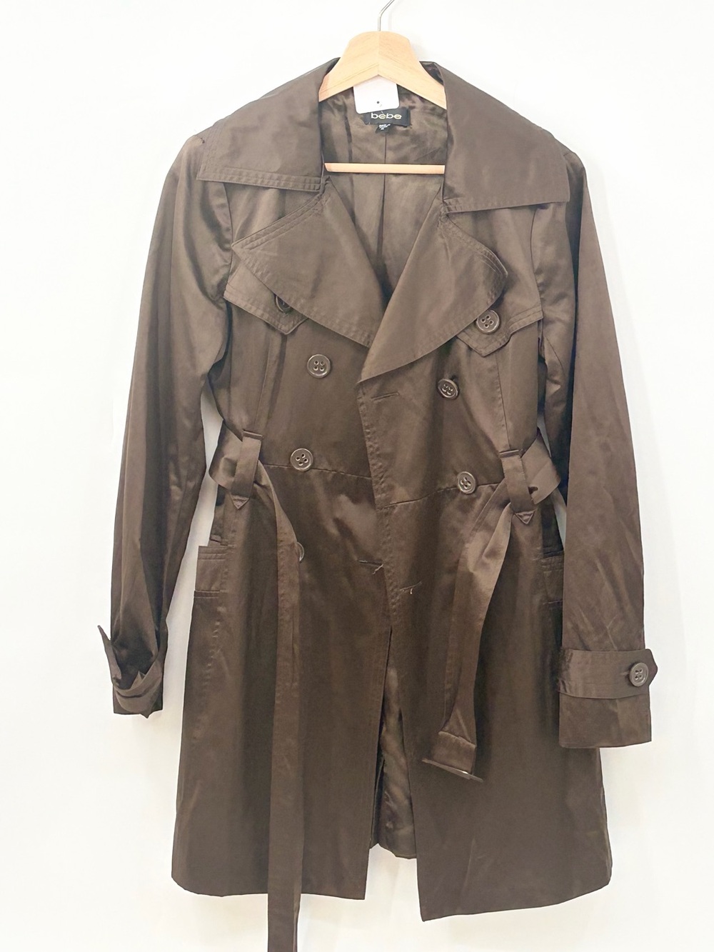 Bebe Brown satin Double-Breasted Trench Coat with Waist Tie